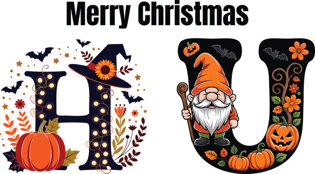 Large decorative letters H and U featuring festive gnomes pumpkins autumn leaves and colorful floral patterns inside