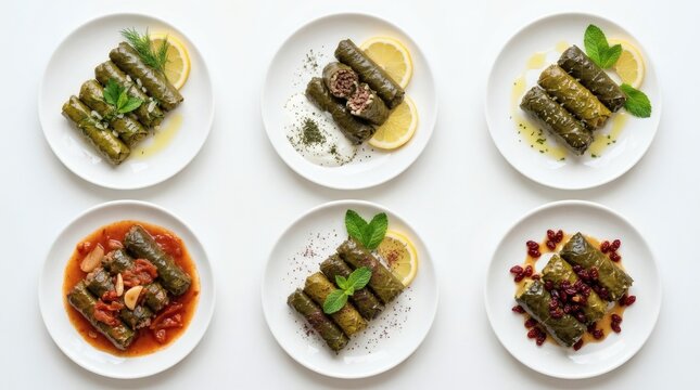 Top Down Grid 6 Different Stuffed Grape Leaves Dolma Variations Pure White Background Consistent Plate Styling Lighting No Text Watermark 3x2 Layout

