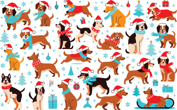 Seamless pattern style illustration featuring several different breeds of dogs wearing red Santa hats and winter scarves