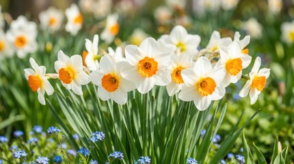 Fototapeta premium Spring flowers including white daffodils and small blue forget-me-nots grow in a sunny park.