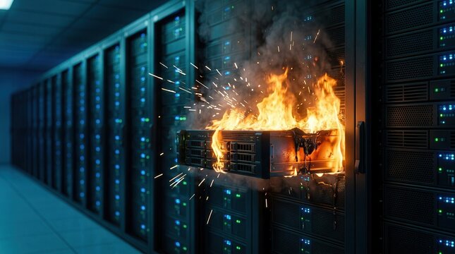A critical equipment failure causes flames and smoke to engulf a server unit in a data center.