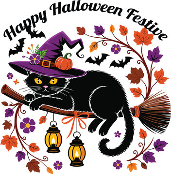 Black cat wearing purple witch hat sitting on wooden broomstick with pumpkins and hanging lanterns for celebration