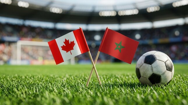 Small Canada and Morocco flags next to a soccer ball on green grass in a stadium setting.