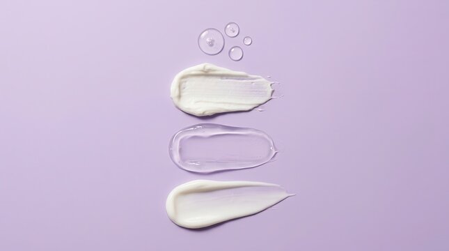 Texture samples of cosmetic gel and cream smears presented on a light purple background.