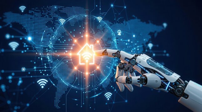 Advanced technology and smart home systems concept featuring a robotic hand and wifi symbols.