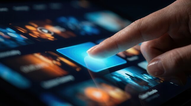 A person interacting with customized digital content, videos, and advertising on a screen.