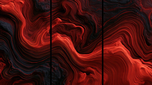 Abstract triptych three panel red black fluid swirl texture Abstract triptych three panel red and black fluid swirl texture, marbled waves create