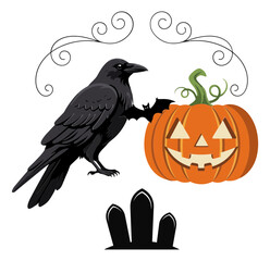 Fototapeta premium Crow with Bat and Pumpkin during Halloween with Tombstones Vector Illustration