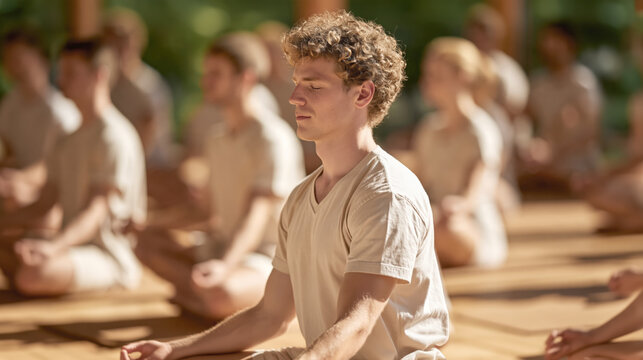 Young man practicing meditation in peaceful outdoor group yoga session afternoon