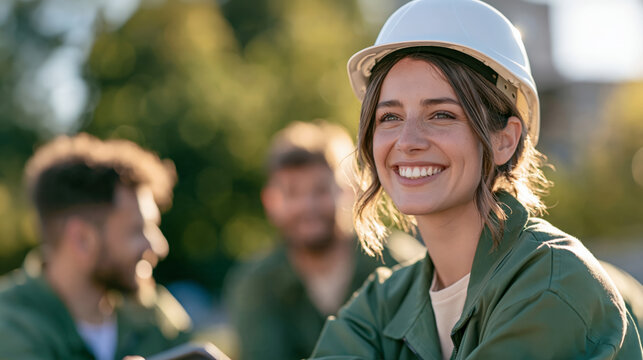 Smiling female engineer wearing hard hat and green jacket outdoor