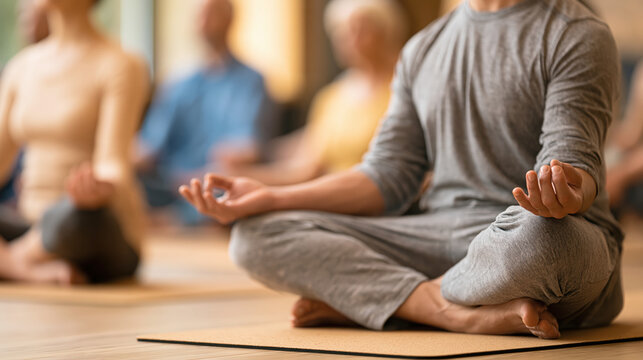 Group of diverse people practicing meditation and mindfulness indoors