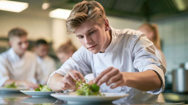 Young chef preparing fresh salad with focus in professional kitchen