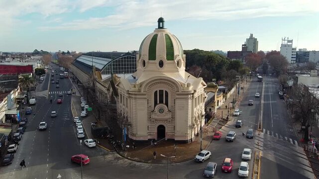Aerial close-up view of the historic dome and top structure at La Plata Train Station in Buenos Aires, Argentina.