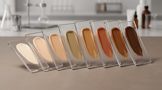 Set of liquid foundation makeup swatches in different skin tone shades arranged in a row for beauty. skintone palette