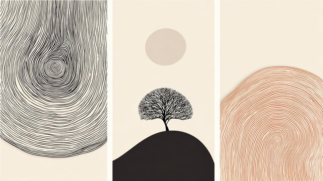 Minimal line art triptych wall art abstract pattern fingerprint texture tree silhouette hill landscape neutral beige poster, calm modern decor
