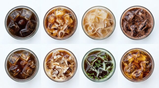 Top Down Grid 8 Different Flavored Iced Americano Glasses Pure White Background Consistent Ice Level Glass Shape No Text Branding

