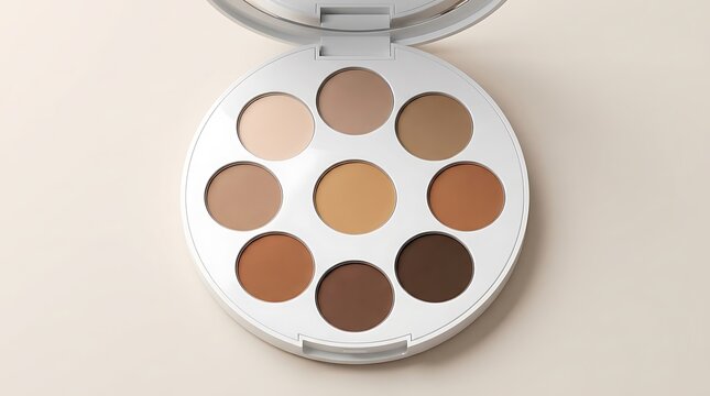 Open round makeup palette with different shades of brown powder eyeshadow for beauty and face contouring. skintone palette