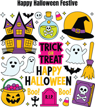 Large set of colorful stickers for trick or treat activities including haunted house ghosts and magic potions