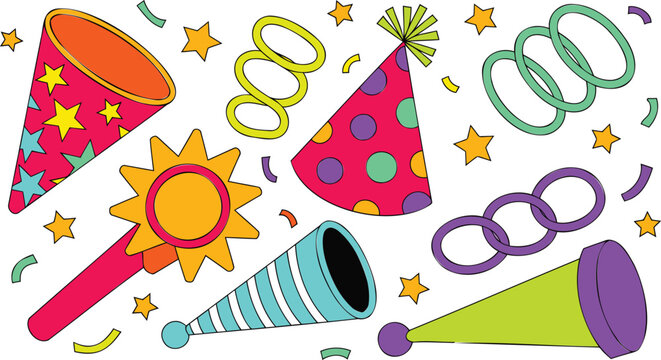 Colorful pattern of festive party supplies including hats noise makers and confetti stars on a white surface