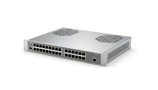Professional 48-port ethernet network switch for enterprise data centers isolated on white.