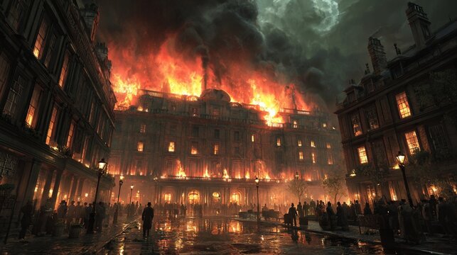 A dramatic portrayal of a catastrophic fire engulfing a grand 19th-century British government building, with flames roaring and dark smoke billowing into a stormy sky, casting an ominous glow over sta