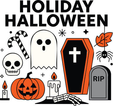 Collection of flat style icons for autumn holidays including skull pumpkin ghost and coffin with seasonal text