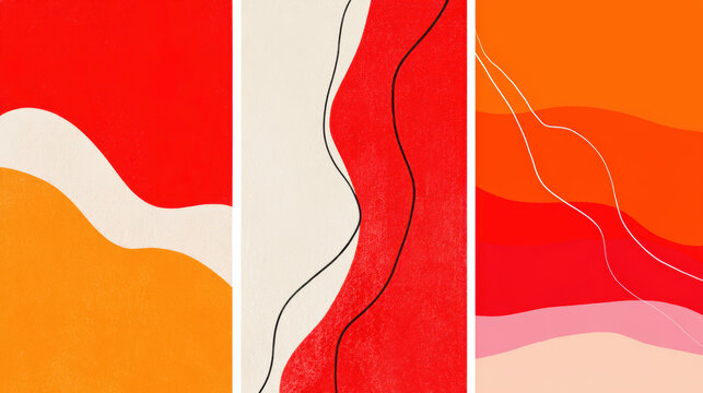 Minimal line three panel abstract wall art orange red Minimal line three panel abstract wall art poster set orange and red with wavy shapes