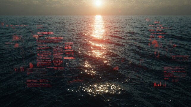 A captivating cinematic view of a serene ocean stretching towards the horizon, illuminated by a glowing sunset and overlaid with futuristic digital data and graphics to create a high-tech ambiance.