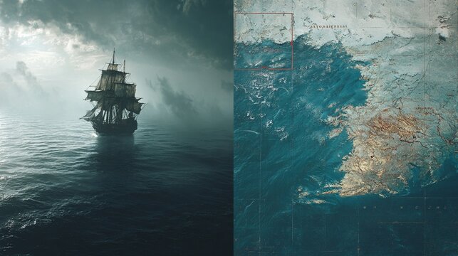 A dramatic cinematic split-screen image featuring a classic sailing ship navigating through a misty ocean on the left and an intricately designed ancient map on the right, creating a contrast between