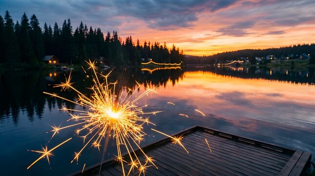 Spectacular fireworks display over a calm lake reflecting the vibrant sunset colors and surrounding forest