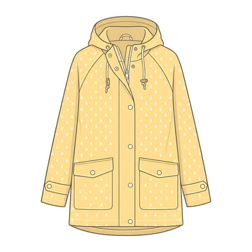 Yellow Waterproof Raincoat Jacket with Hood and Patterned Design