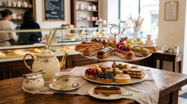 professional display of eclairs and pastry with teapot on table