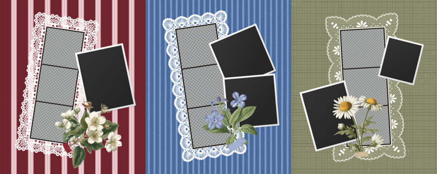 Vintage photo collage frame templates with flowers, lace and scrapbook paper elements. Romantic camera snapshot design for photo album, memories and creative decoration.