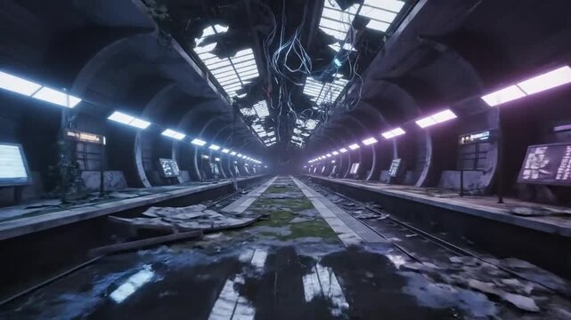 Apocalyptic Subway Station: A desolate and decaying subway station, illuminated by the eerie glow of flickering lights, depicts a scene of post-apocalyptic ruin and abandonment.