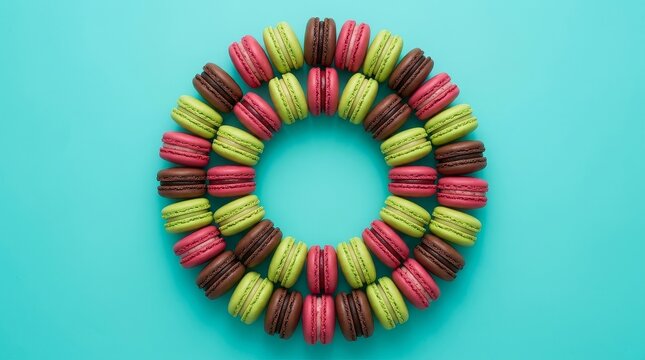 Matcha red velvet and chocolate macaroons circle in blue background