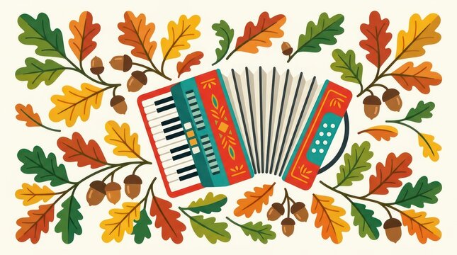 Colorful Flat Illustration of a Folk Accordion Surrounded by Autumn Oak Leaves and Acorns for Harvest Festival and Musical Background