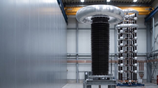 High voltage test transformer with toroidal corona ring and Marx impulse generator tower in electrical testing laboratory