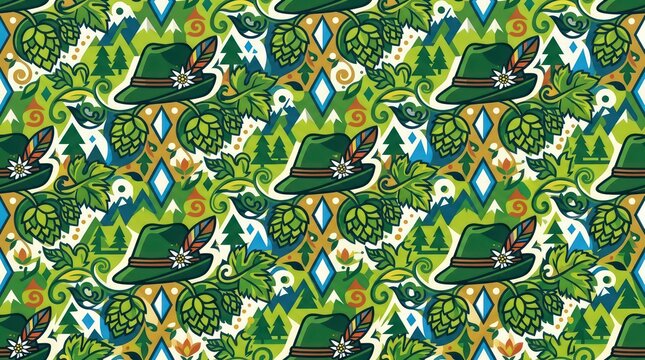 Traditional Bavarian seamless pattern with green Tyrolean hats hops edelweiss flowers and mountains for Oktoberfest festival and folk art