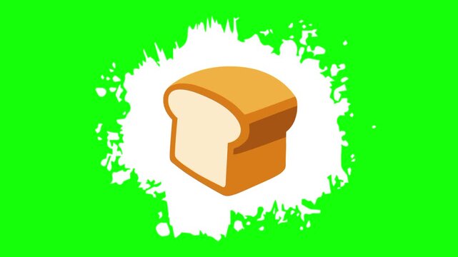 loaf bread on animated white brush paint template icon, sourdough sign and food symbol. Colorful cartoon vector animation, motion graphic video footage. Isolated green screen background