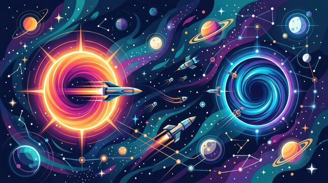 Vibrant space exploration vector background with spaceships flying through cosmic portals planets and stars in a flat colorful design style