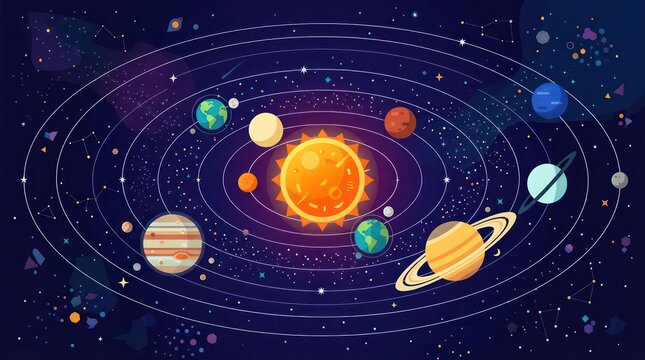 Solar system illustration with sun and planets orbiting in space vector background showing earth mars jupiter and saturn with stars around