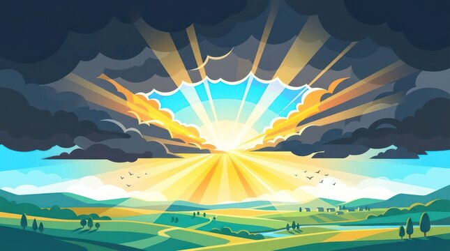Vibrant sun rays breaking through dark storm clouds over a beautiful rural green valley landscape with rolling hills at sunrise or sunset