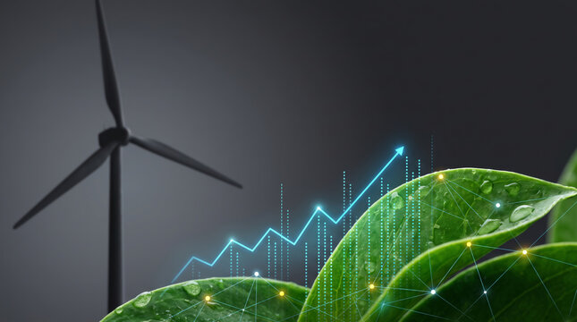 Carbon emission chart with wind turbine and green leaf for clean energy. green renewable energy sustainability. future management responsibility, graph report statistic analysis monitoring
