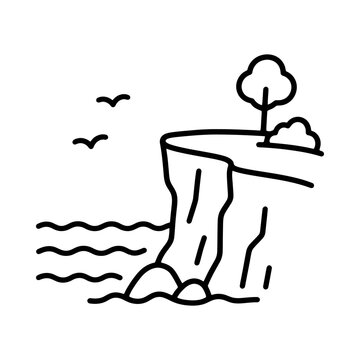 Minimalist line art illustration of a coastal cliff landscape with ocean waves and birds.