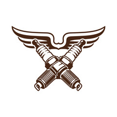 Fototapeta premium Vintage Crossed Spark Plugs with Wings Emblem for Automotive and Motorcycle Enthusiasts.