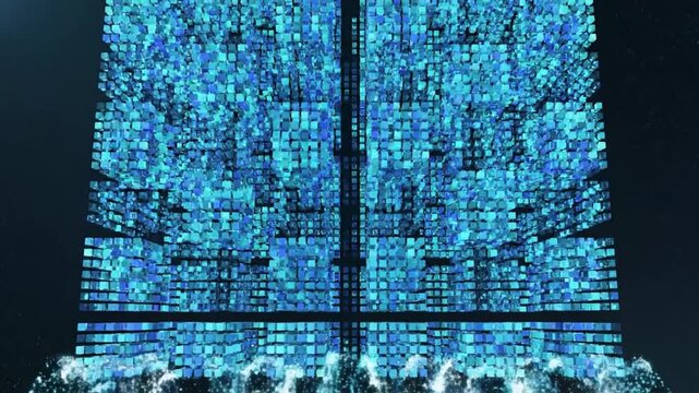 Digital Data Tower: An abstract digital representation of a massive data tower, composed of countless blue glowing squares.