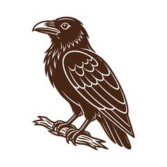 Obraz premium Vintage style black raven crow bird illustration perched on a wooden branch.