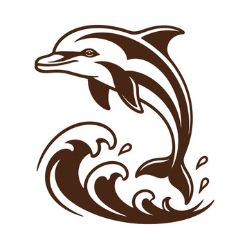 Stylized brown dolphin jumping over ocean waves vector illustration isolated on white background.