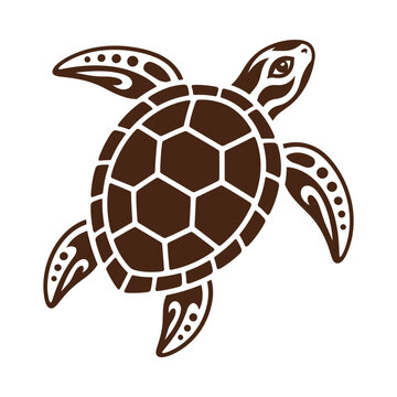 Stylized sea turtle illustration with tribal patterns and geometric shell design.