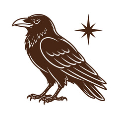 Obraz premium Mystical black raven bird illustration with celestial star symbol in vintage woodcut style.